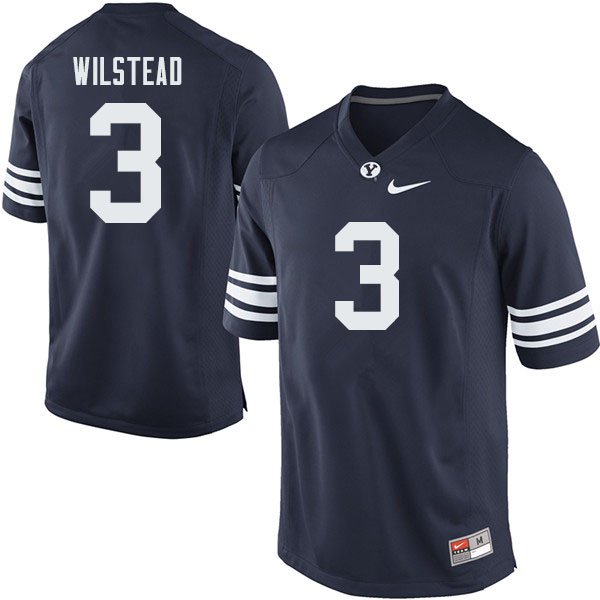 Men #3 Kody Wilstead BYU Cougars College Football Jerseys Sale-Navy